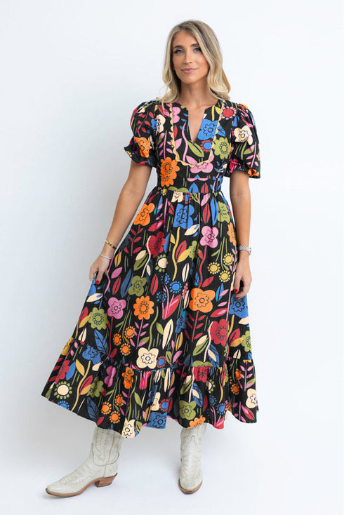 Retro Floral Printed Split Neck Maxi Dress